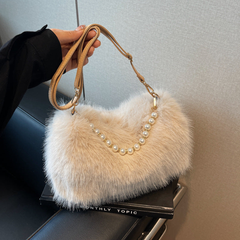 Bolso para mujer de felpa, bandolera de moda para otoño e invierno con cadena de perlas