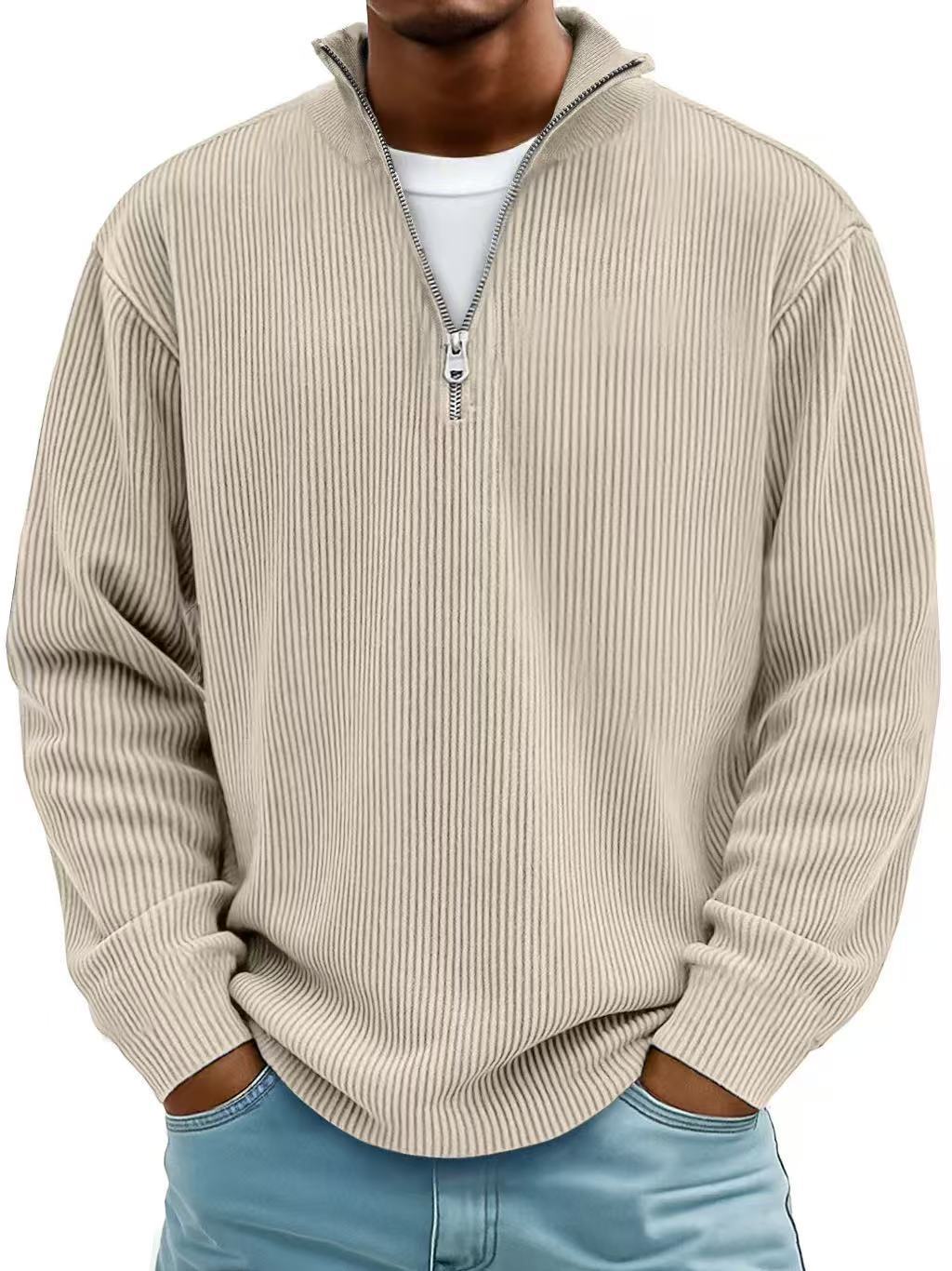 Sudadera de pana con cremallera, cuello alto, estilo polo informal para hombre.