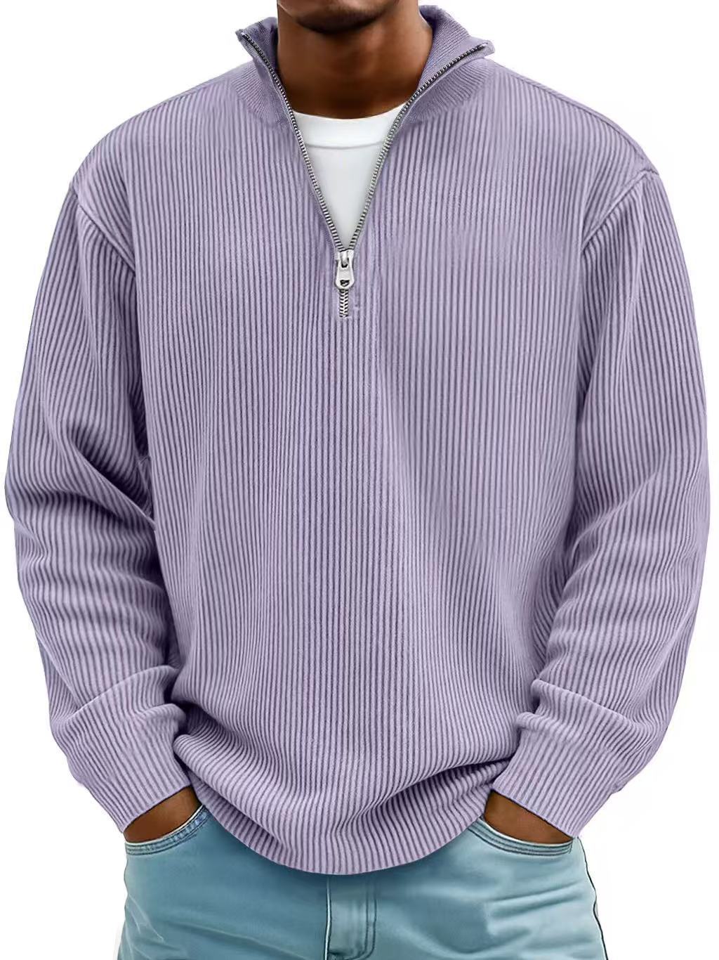 Sudadera de pana con cremallera, cuello alto, estilo polo informal para hombre.