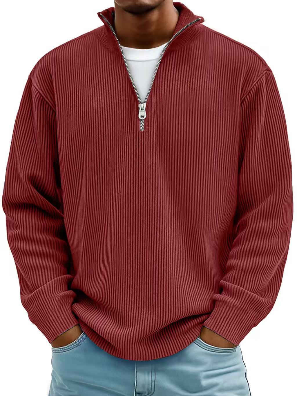 Sudadera de pana con cremallera, cuello alto, estilo polo informal para hombre.