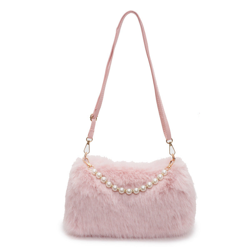 Bolso para mujer de felpa, bandolera de moda para otoño e invierno con cadena de perlas