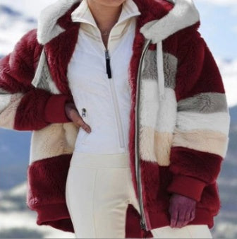 Chaqueta holgada de felpa multicolor con capucha para mujer