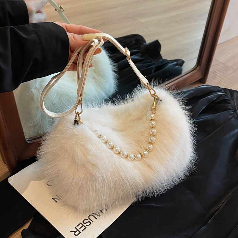 Bolso para mujer de felpa, bandolera de moda para otoño e invierno con cadena de perlas
