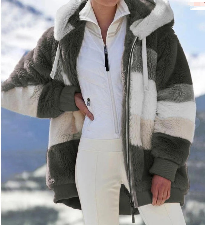 Chaqueta holgada de felpa multicolor con capucha para mujer
