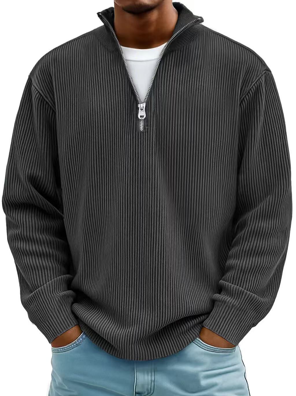 Sudadera de pana con cremallera, cuello alto, estilo polo informal para hombre.