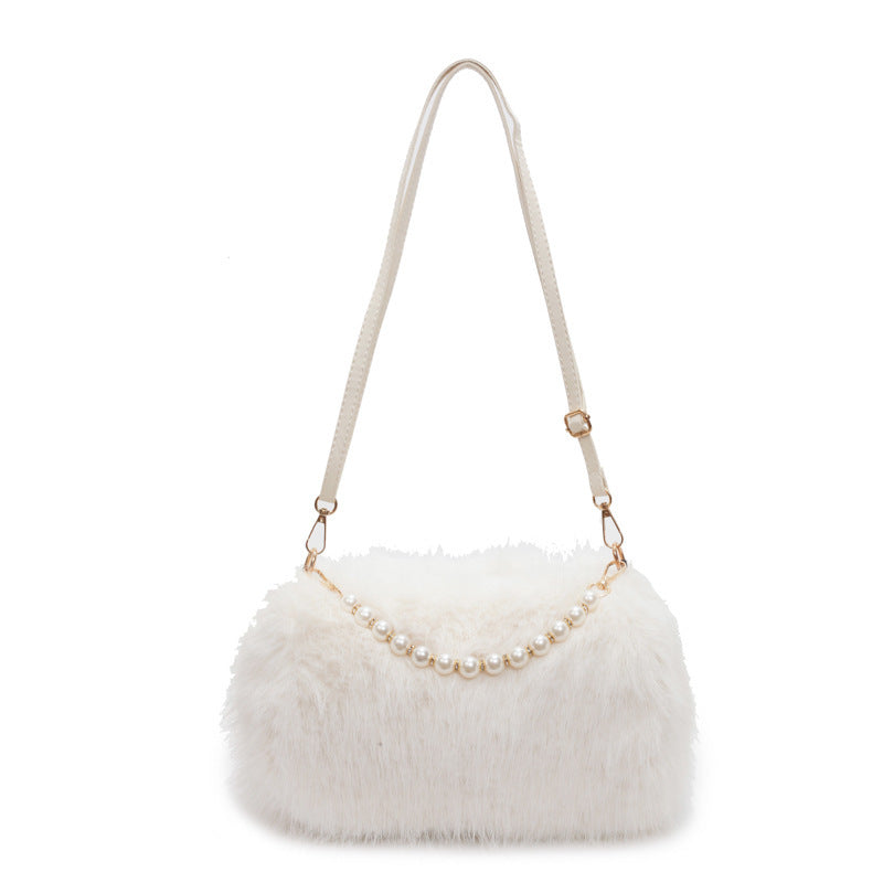 Bolso para mujer de felpa, bandolera de moda para otoño e invierno con cadena de perlas