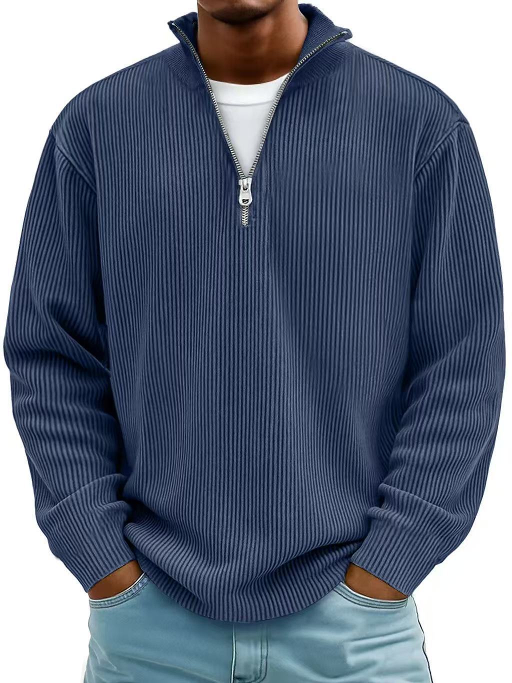 Sudadera de pana con cremallera, cuello alto, estilo polo informal para hombre.