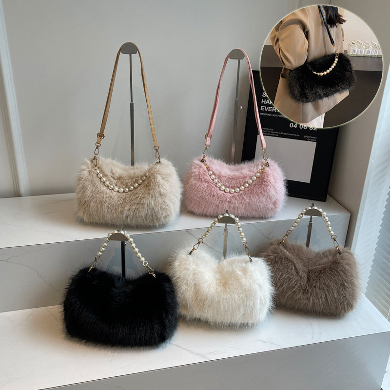 Bolso para mujer de felpa, bandolera de moda para otoño e invierno con cadena de perlas