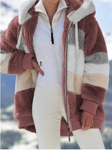 Chaqueta holgada de felpa multicolor con capucha para mujer