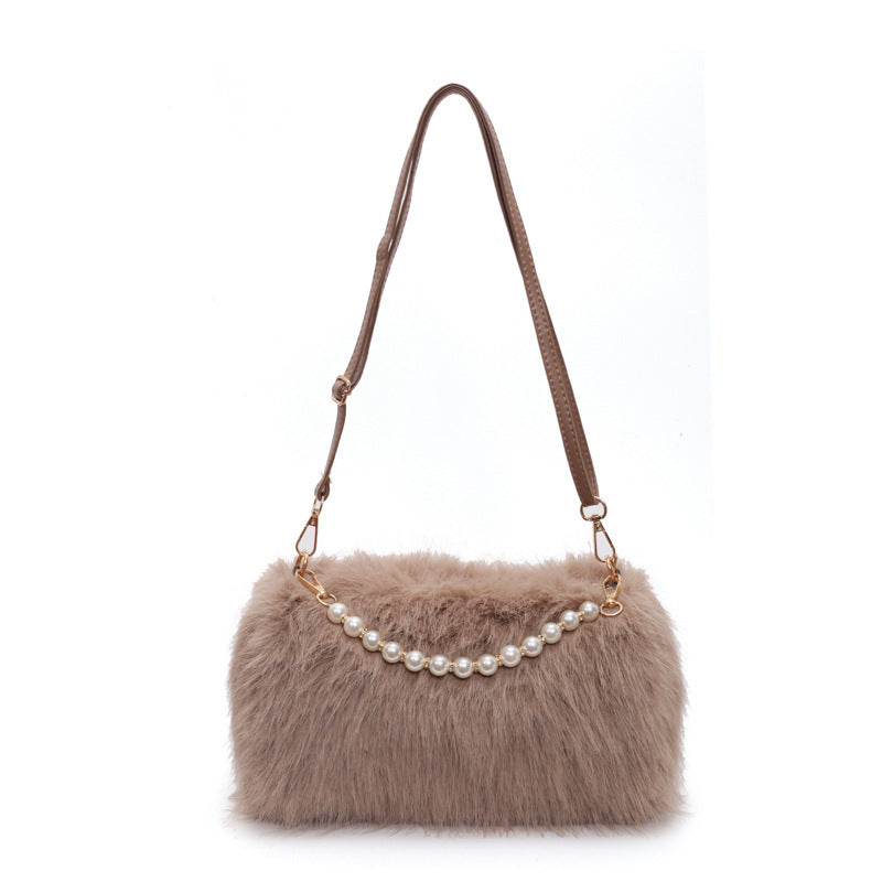 Bolso para mujer de felpa, bandolera de moda para otoño e invierno con cadena de perlas