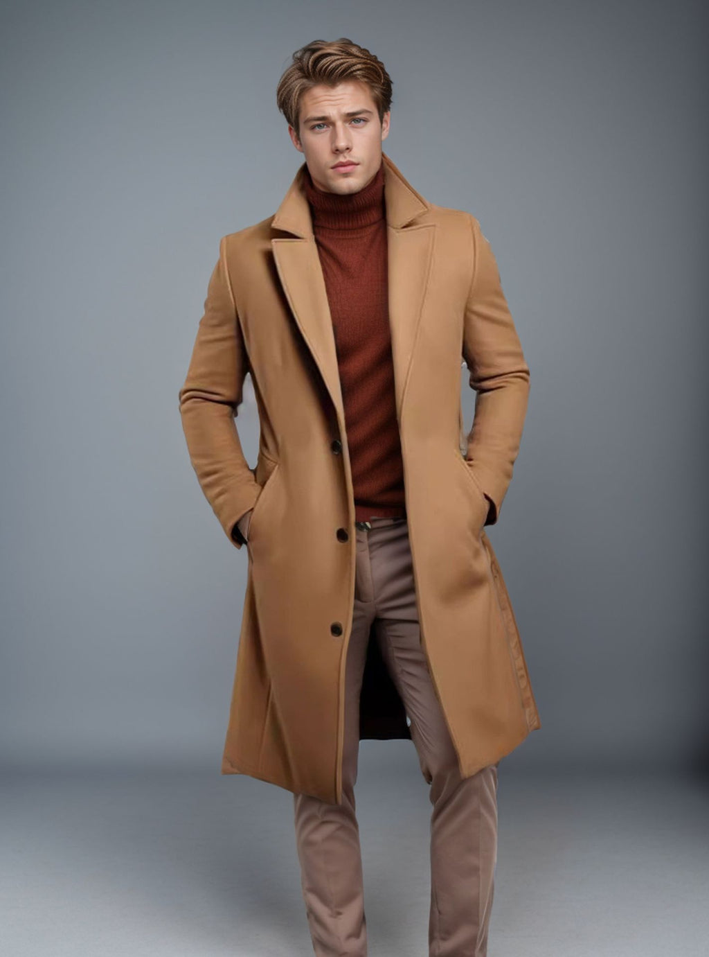 Gabardina de hombre de largo medio, ideal para otoño e invierno.