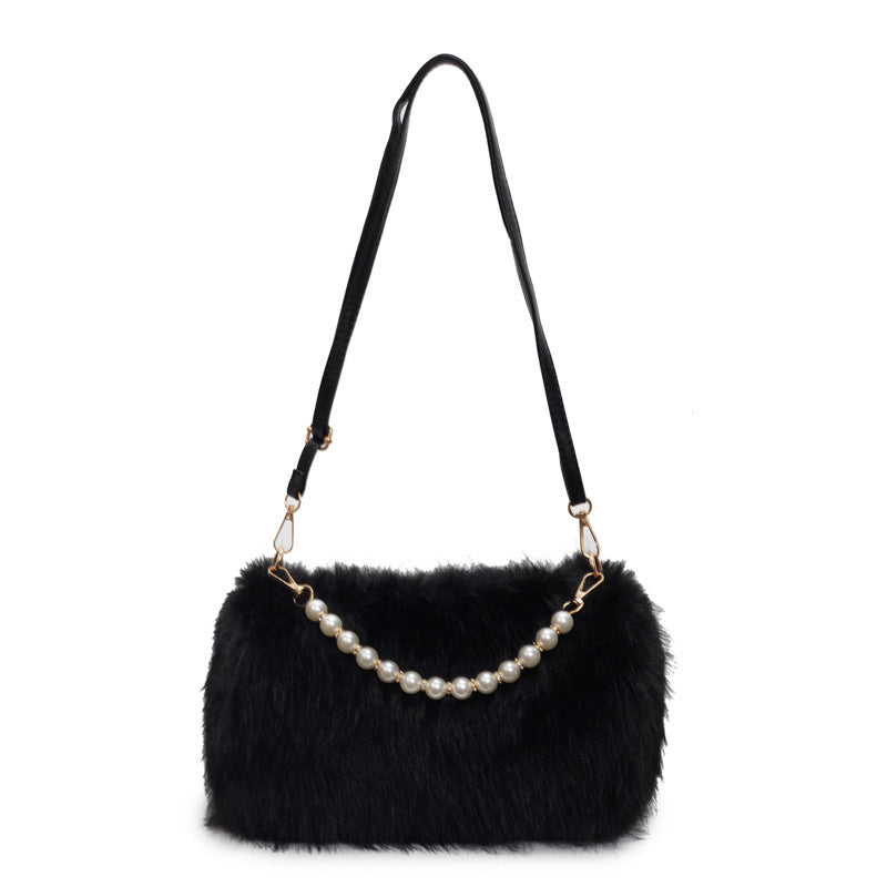 Bolso para mujer de felpa, bandolera de moda para otoño e invierno con cadena de perlas