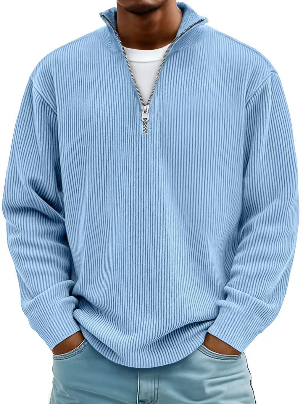 Sudadera de pana con cremallera, cuello alto, estilo polo informal para hombre.