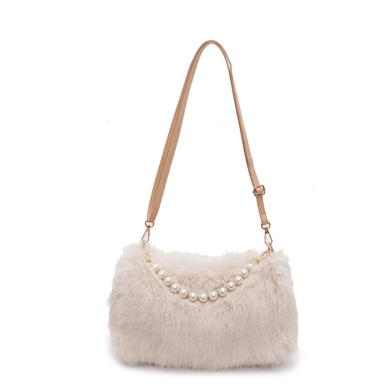 Bolso para mujer de felpa, bandolera de moda para otoño e invierno con cadena de perlas