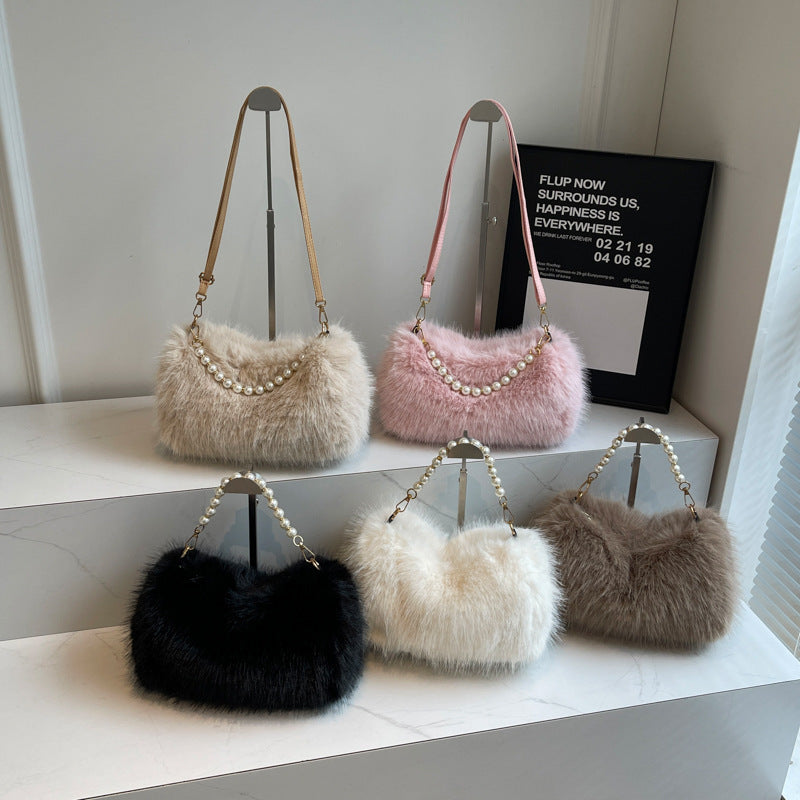 Bolso para mujer de felpa, bandolera de moda para otoño e invierno con cadena de perlas