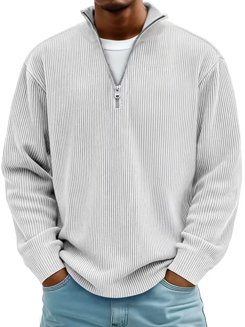 Sudadera de pana con cremallera, cuello alto, estilo polo informal para hombre.