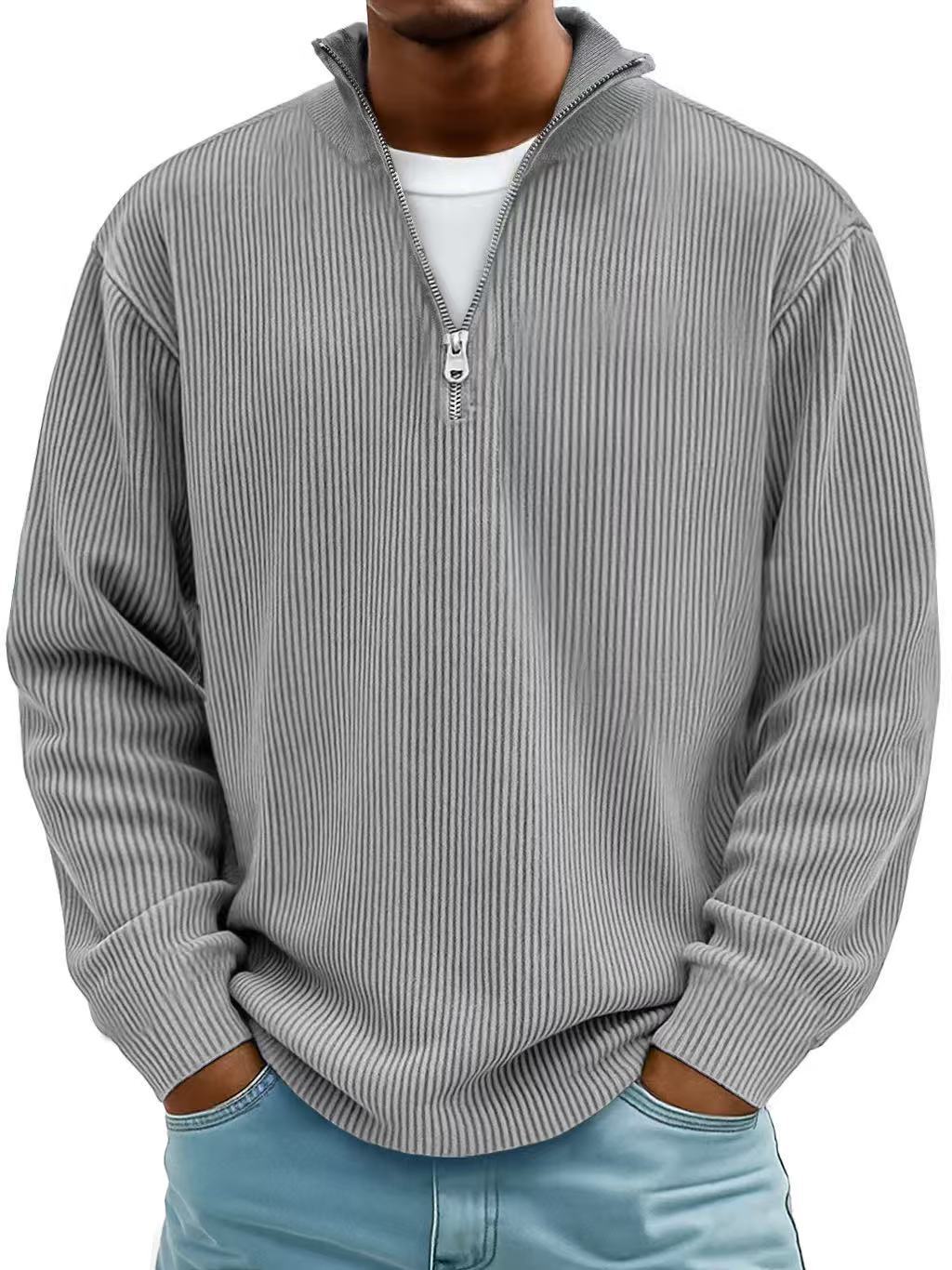 Sudadera de pana con cremallera, cuello alto, estilo polo informal para hombre.